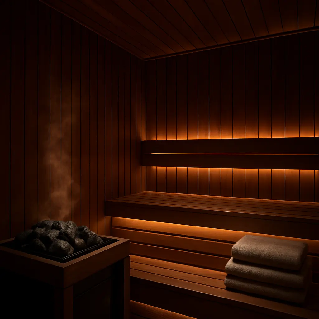 Interior of a bespoke cedar sauna with warm amber lighting